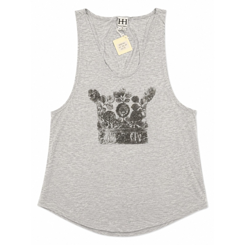 NWT Haute Hippie Women's Gray Linen Blend Graphic Tank Top Floral Size (M)